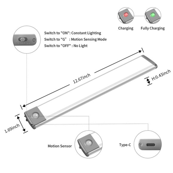 2 Pack LEPOTEC 54 LED Under Cabinet Lights Wireless Rechargeable - Picture 2 of 10